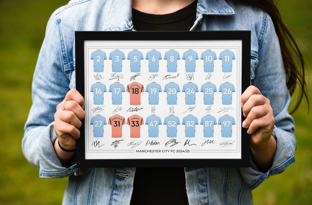 Manchester City FC Signed 2024-25 Team Poster Print Autographed By Full Squad, Manchester City Gifts