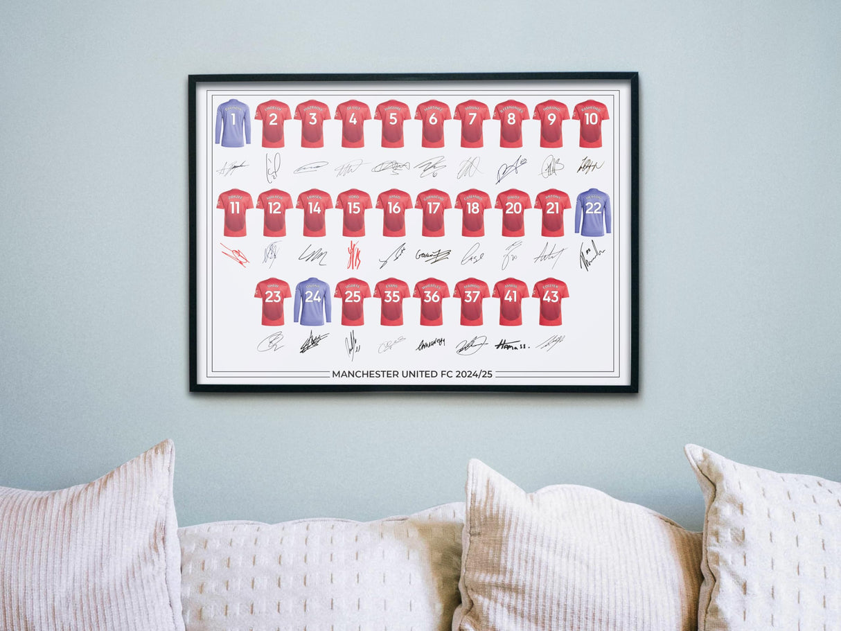 Manchester United FC Signed 2024-25 Team Poster Print Autographed By Full Squad, Manchester Utd Gifts