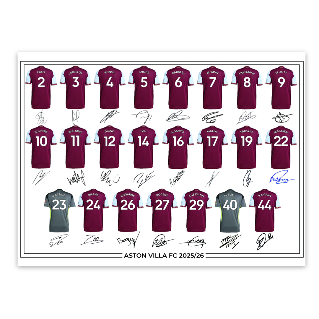 Aston Villa FC Signed 2025-26 Signed Team Poster, Autographed By Full Squad, Choose Framed or Print Only