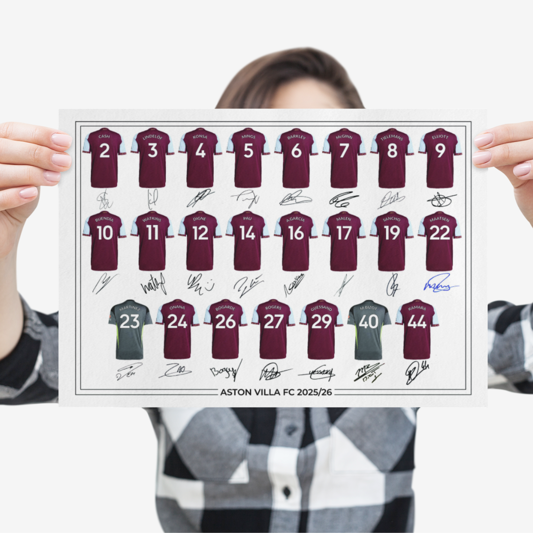 Aston Villa FC Signed 2025-26 Signed Team Poster, Autographed By Full Squad, Choose Framed or Print Only