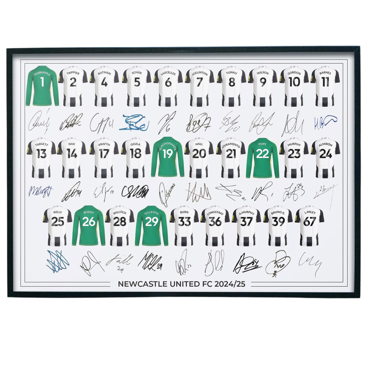 Newcastle United FC Signed 2024-25 Team Poster Print Autographed By Full Squad, Newcastle United Gifts