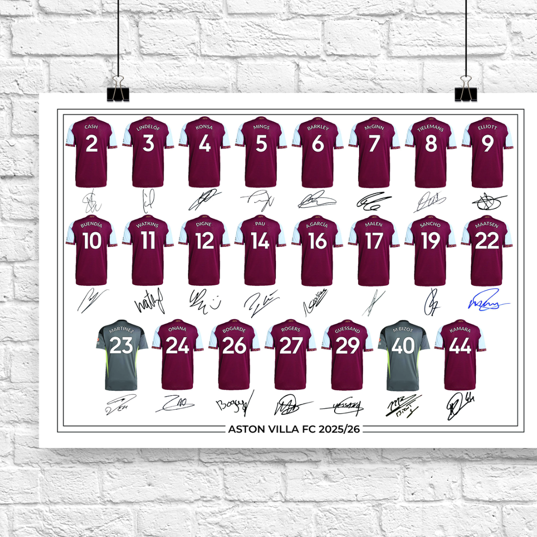 Aston Villa FC Signed 2025-26 Signed Team Poster, Autographed By Full Squad, Choose Framed or Print Only