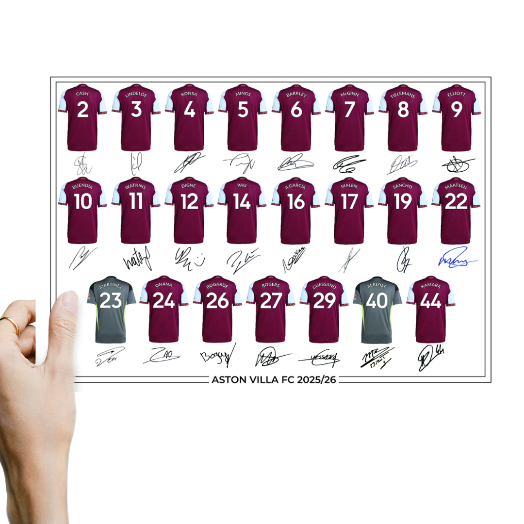 Aston Villa FC Signed 2025-26 Signed Team Poster, Autographed By Full Squad, Choose Framed or Print Only