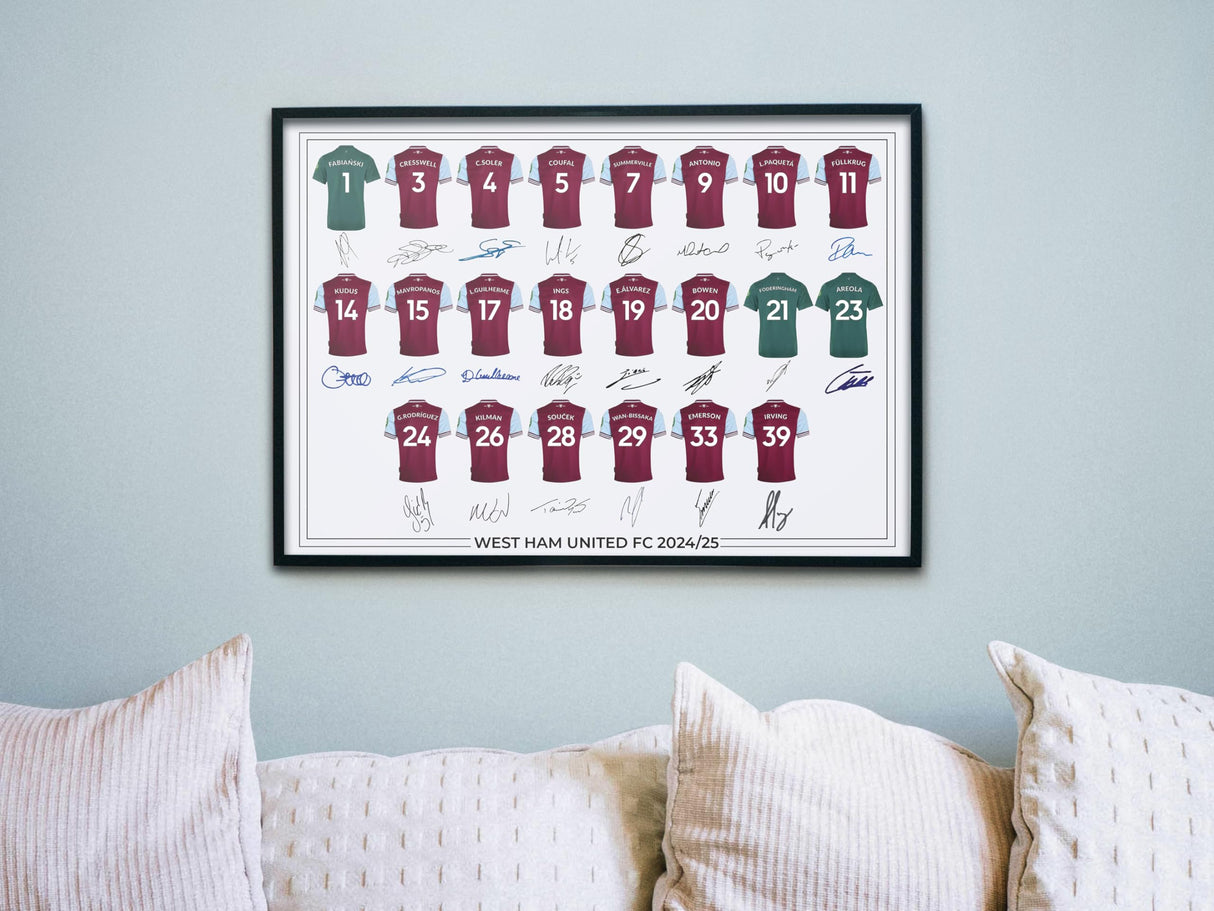 West Ham United FC Signed 2024-25 Team Poster Print Autographed By Full Squad, West Ham Gifts