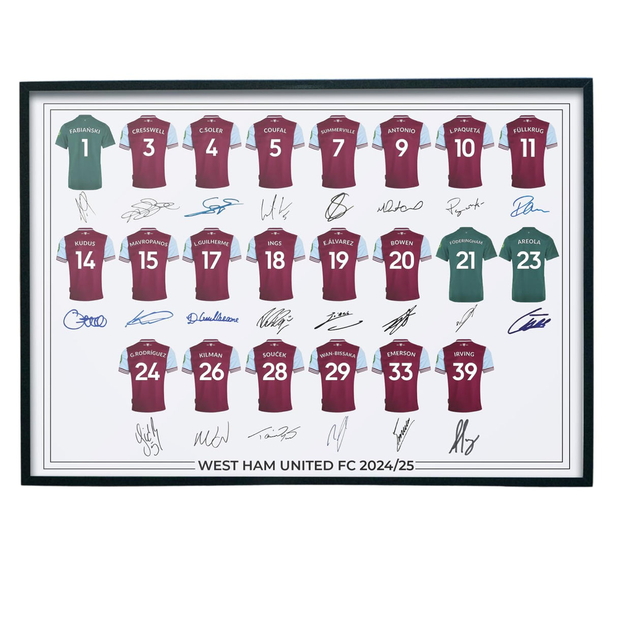 West Ham United FC Signed 2024-25 Team Poster Print Autographed By Full Squad, West Ham Gifts