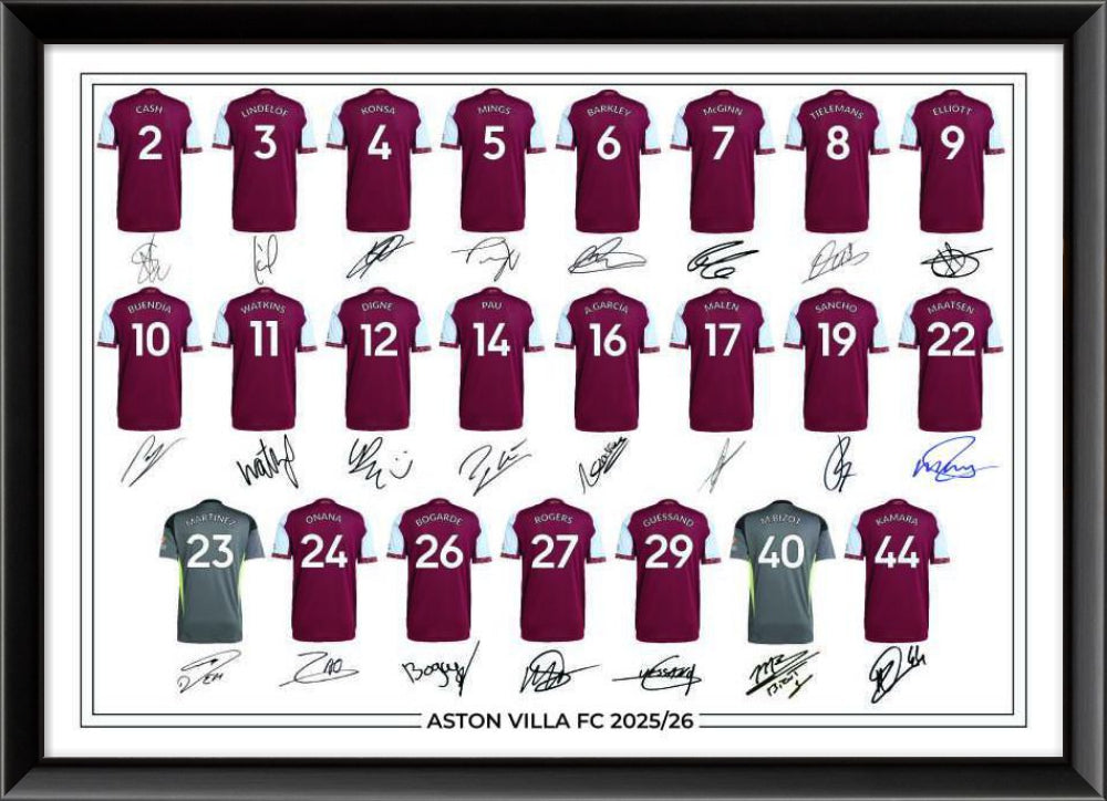 Aston Villa FC Signed 2025-26 Signed Team Poster, Autographed By Full Squad, Choose Framed or Print Only