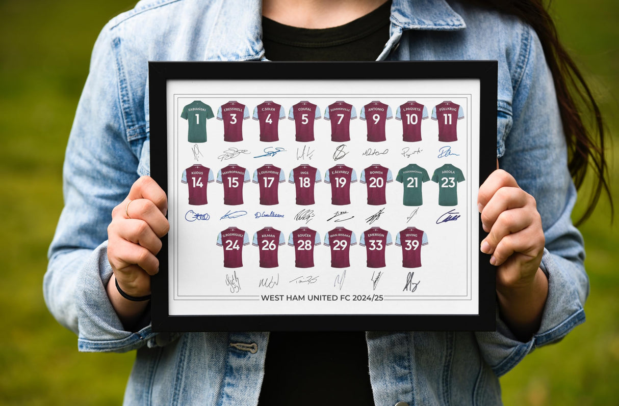 West Ham United FC Signed 2024-25 Team Poster Print Autographed By Full Squad, West Ham Gifts