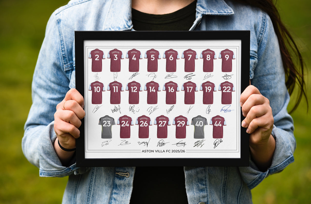 Aston Villa FC Signed 2025-26 Signed Team Poster, Autographed By Full Squad, Choose Framed or Print Only