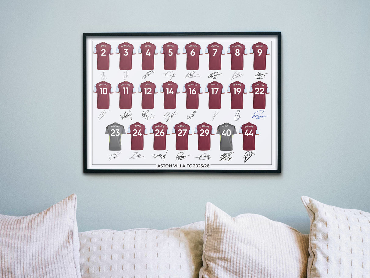 Aston Villa FC Signed 2025-26 Signed Team Poster, Autographed By Full Squad, Choose Framed or Print Only