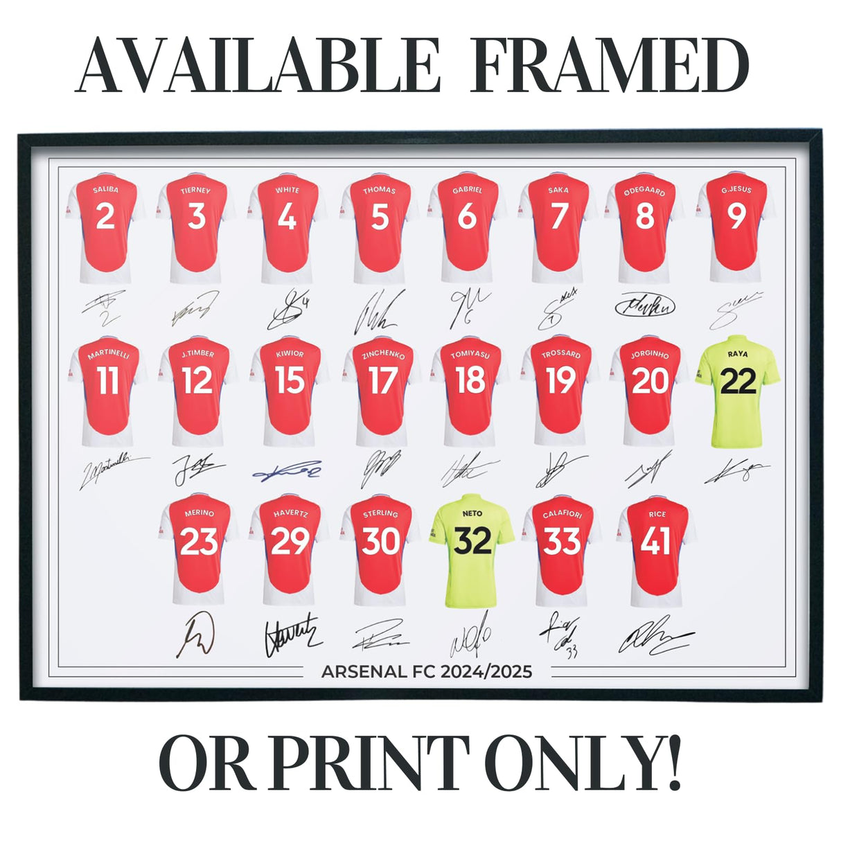 Arsenal FC Signed 2024-25 Team Poster Print Autographed By Full Squad, Arsenal Gifts