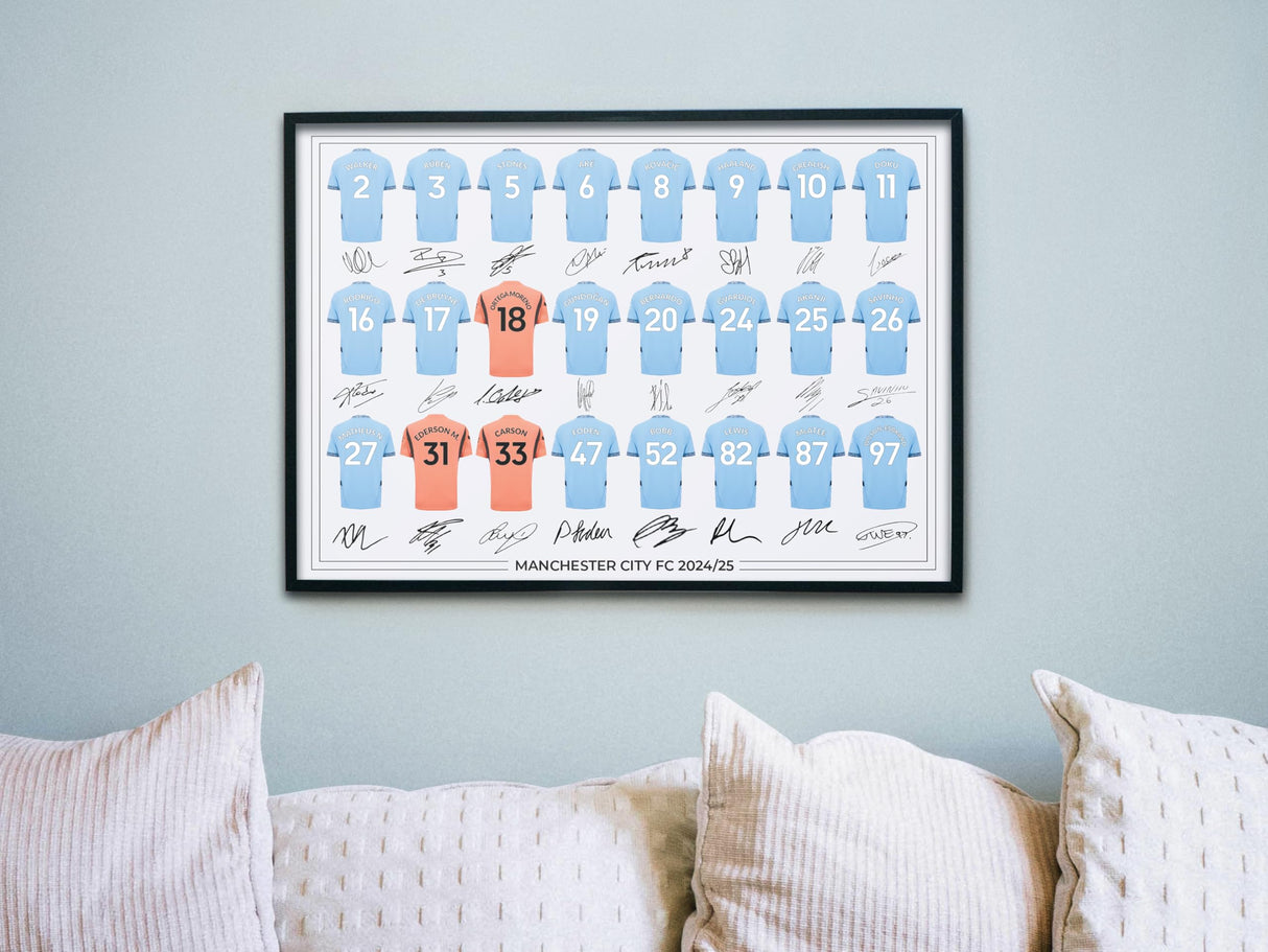 Manchester City FC Signed 2024-25 Team Poster Print Autographed By Full Squad, Manchester City Gifts