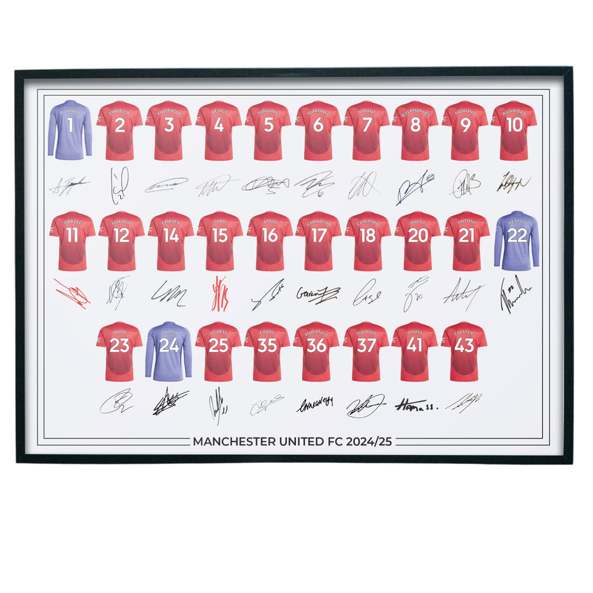Manchester United FC Signed 2024-25 Team Poster Print Autographed By Full Squad, Manchester Utd Gifts
