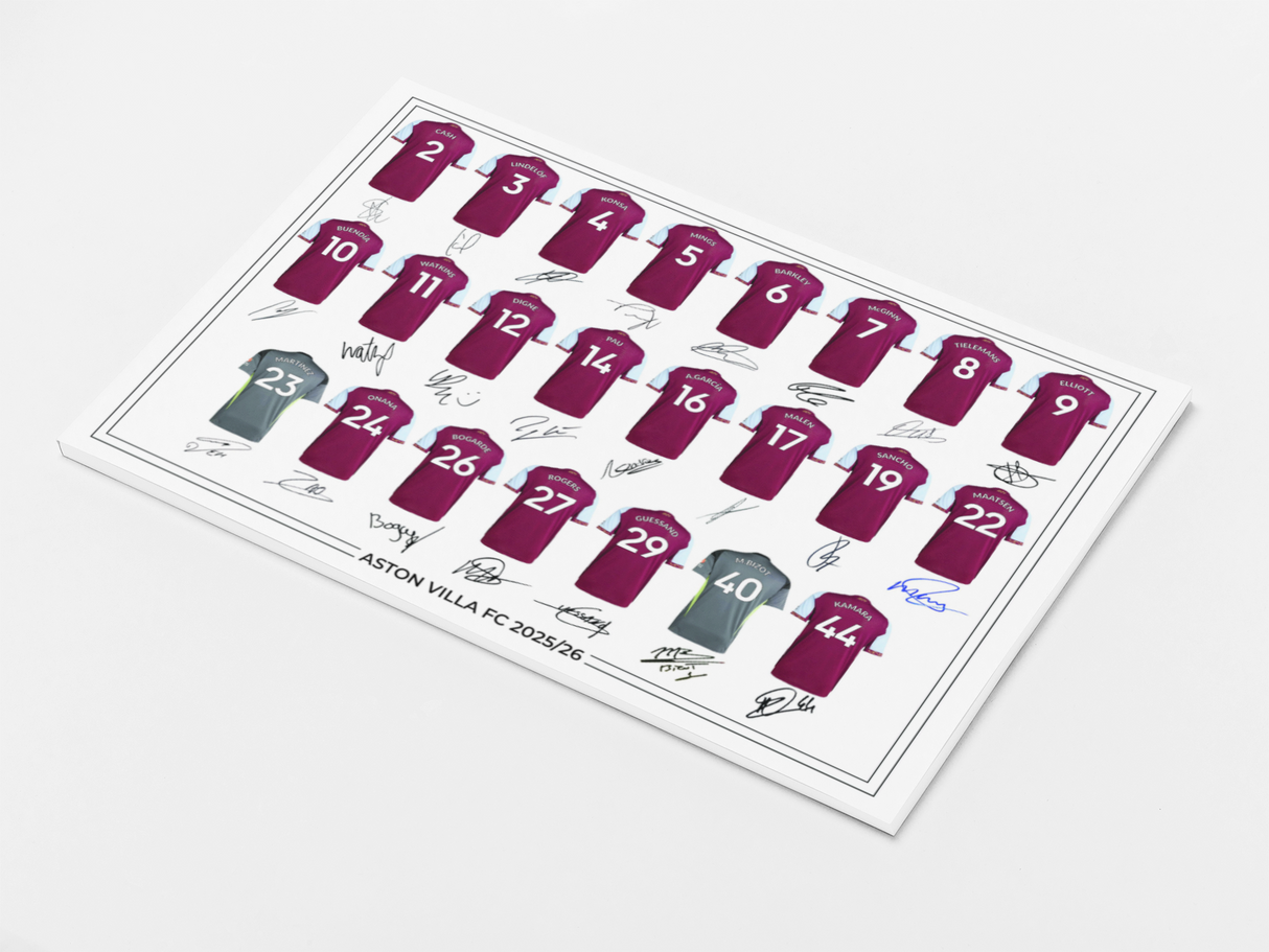 Aston Villa FC Signed 2025-26 Signed Team Poster, Autographed By Full Squad, Choose Framed or Print Only