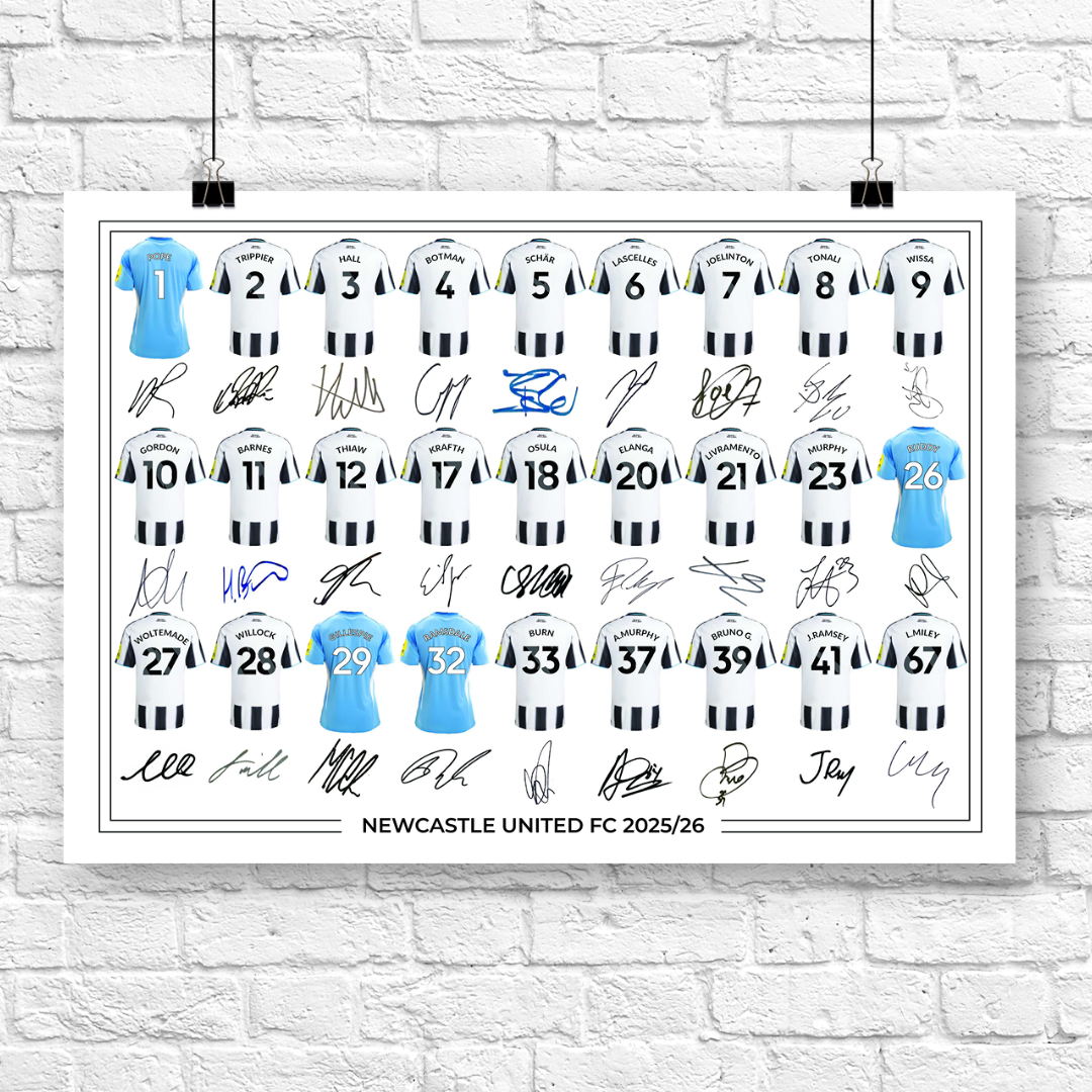 Newcastle United FC Signed 2025-26 Signed Team Poster, Autographed By Full Squad, Choose Framed or Print Only