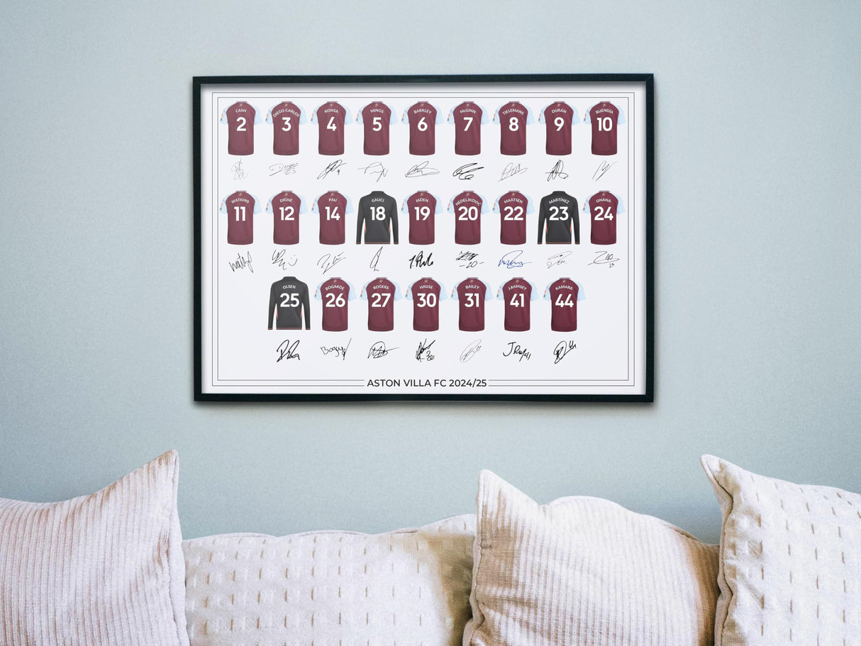 Aston Villa FC Signed 2024-25 Team Poster Print Autographed By Full Squad, Aston Villa Gifts